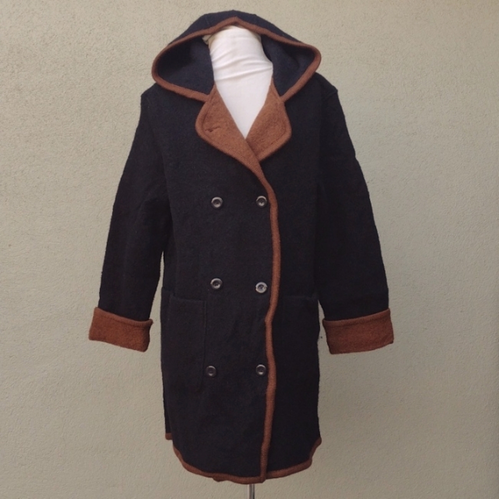 Womens Hooded Double-Breasted Cardigan Sweater - Black with Brown Trim